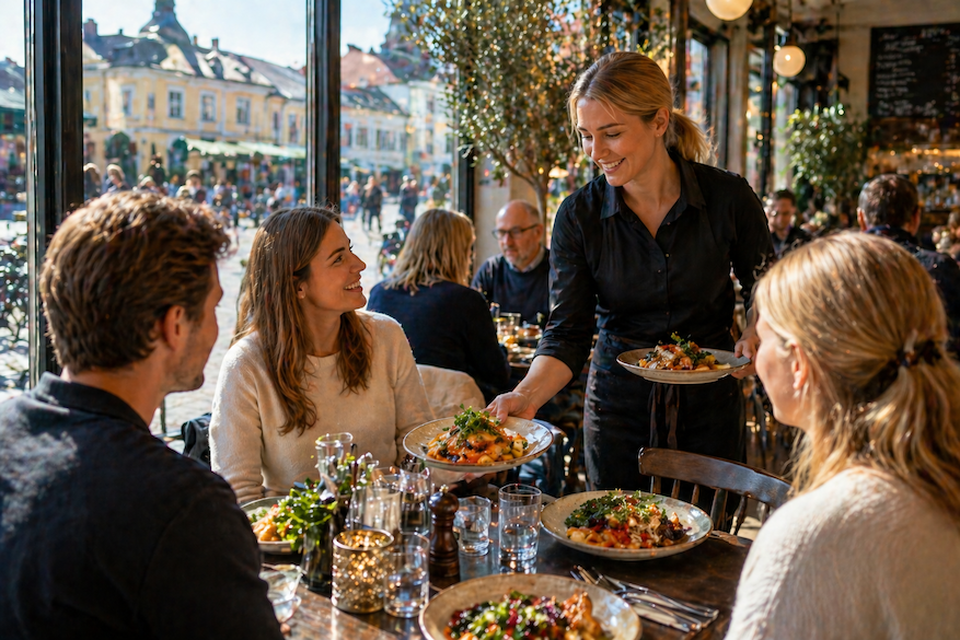 Lunchservering i Kalmar centrum där servitör serverar mat till gäster vid ett bord i en ljus restaurang med livlig stadsmiljö utanför.