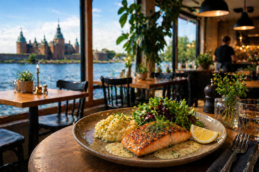 Dagens lunch på en restaurang i Kalmar, med en elegant fiskrätt på bordet och utsikt över vattnet mot Kalmar slott